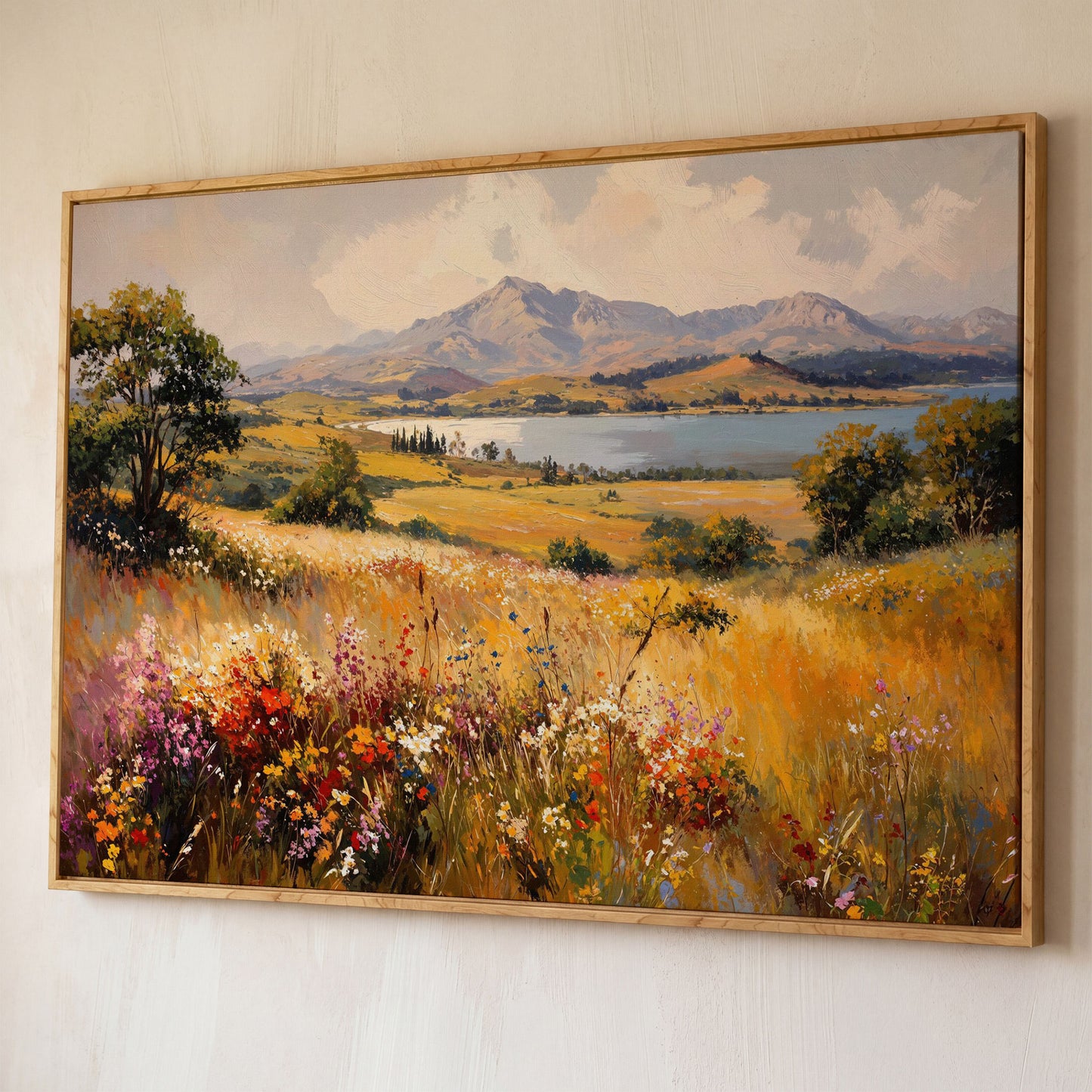 Mountain Lake with Ochre Meadow Canvas shown in white oak floating frame