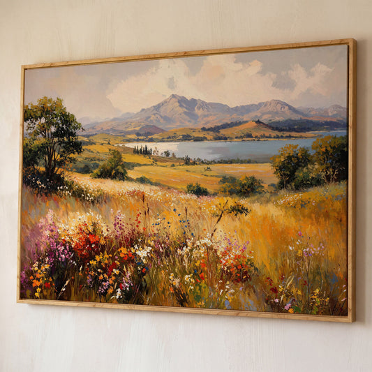 Mountain Lake with Ochre Meadow Canvas shown in white oak floating frame