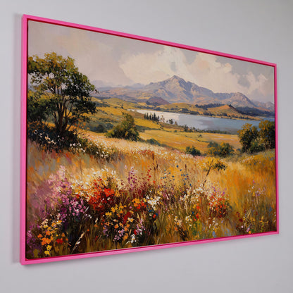 Mountain Lake with Ochre Meadow Canvas in pink floating frame