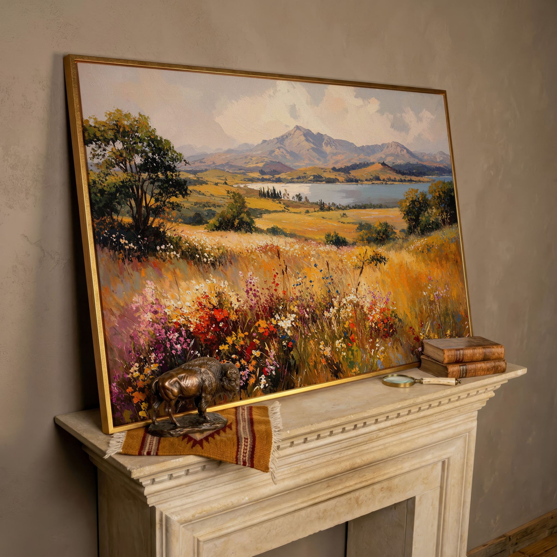 Mountain Lake with Ochre Meadow Canvas in rose gold floating frame