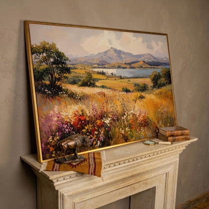 Mountain Lake with Ochre Meadow Canvas in rose gold floating frame