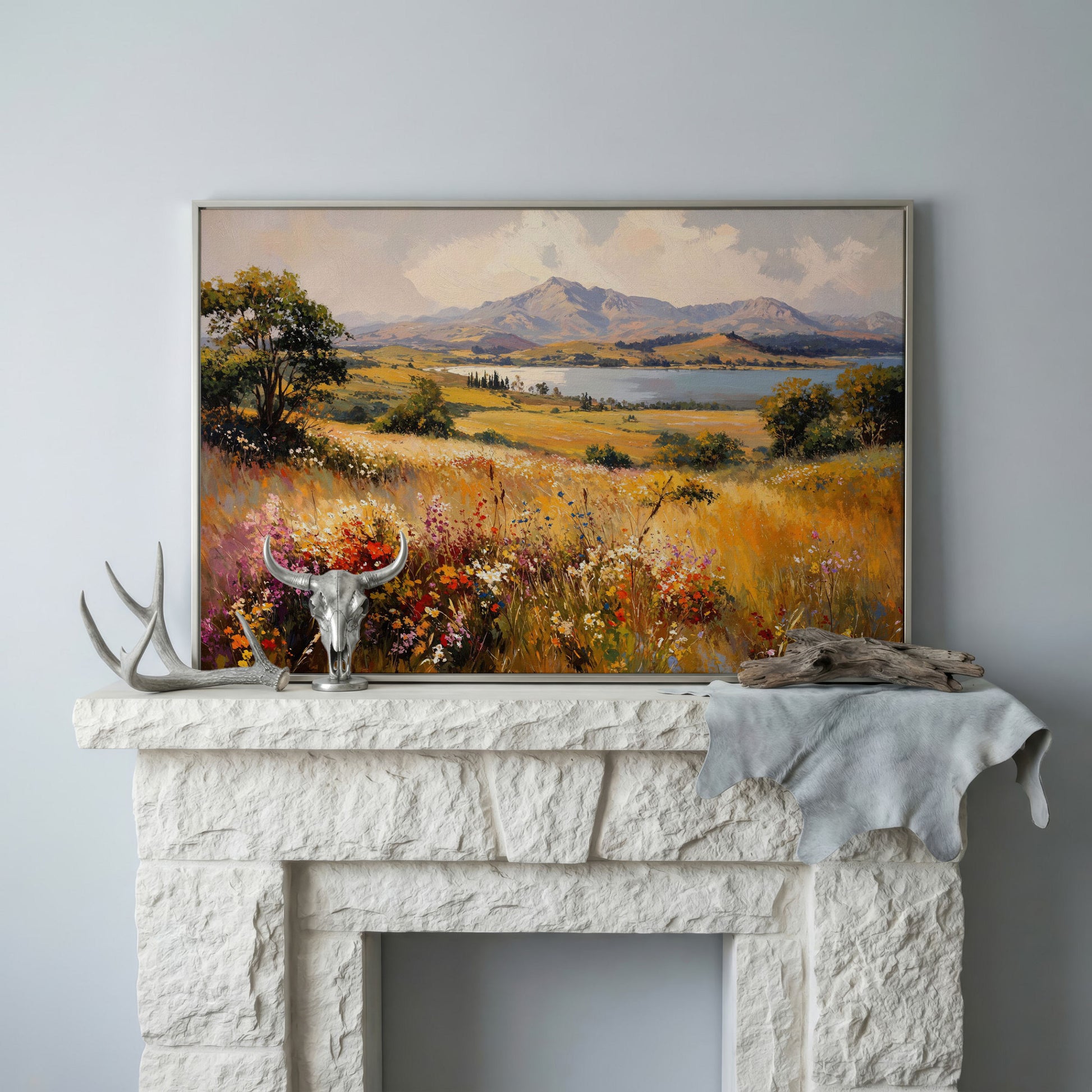 Mountain Lake with Ochre Meadow Canvas in silver floating frame