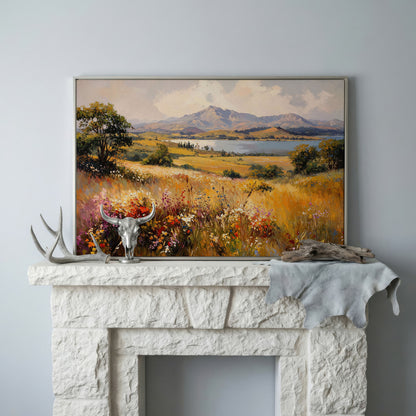 Mountain Lake with Ochre Meadow Canvas in silver floating frame