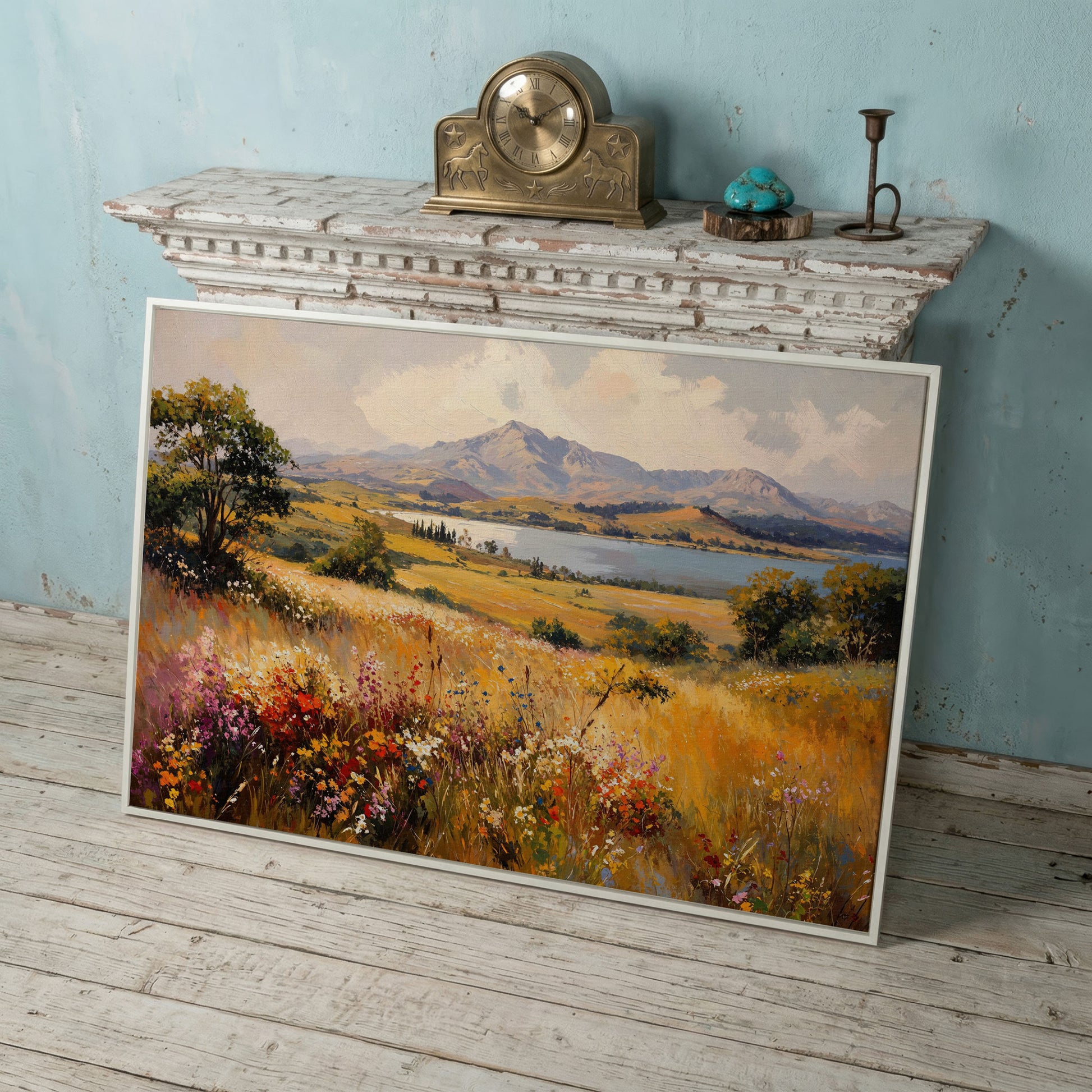 Mountain Lake with Ochre Meadow Canvas in white floating frame