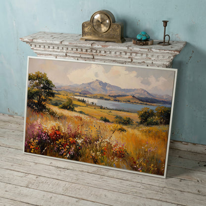 Mountain Lake with Ochre Meadow Canvas in white floating frame
