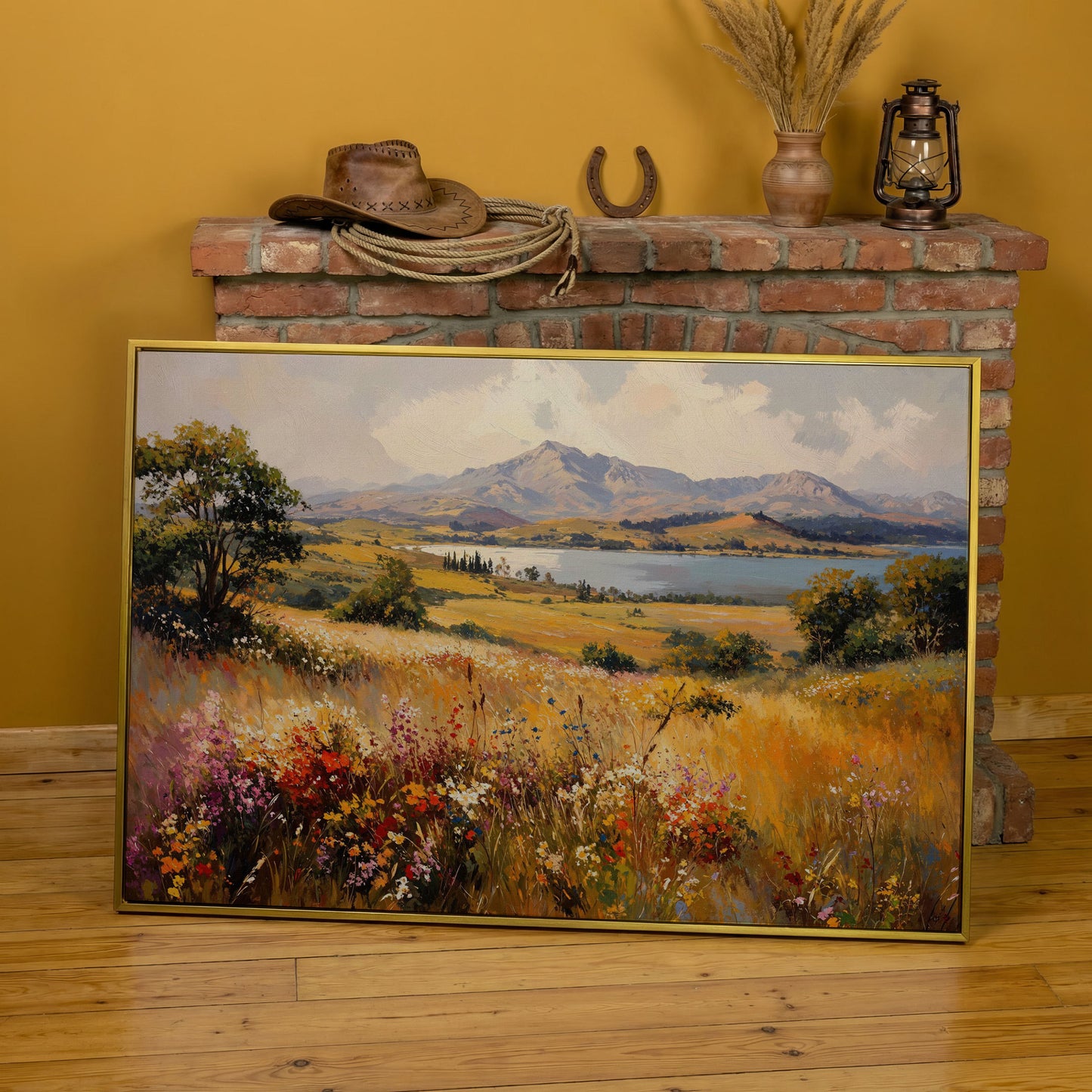 Mountain Lake with Ochre Meadow Canvas in yellow gold floating frame