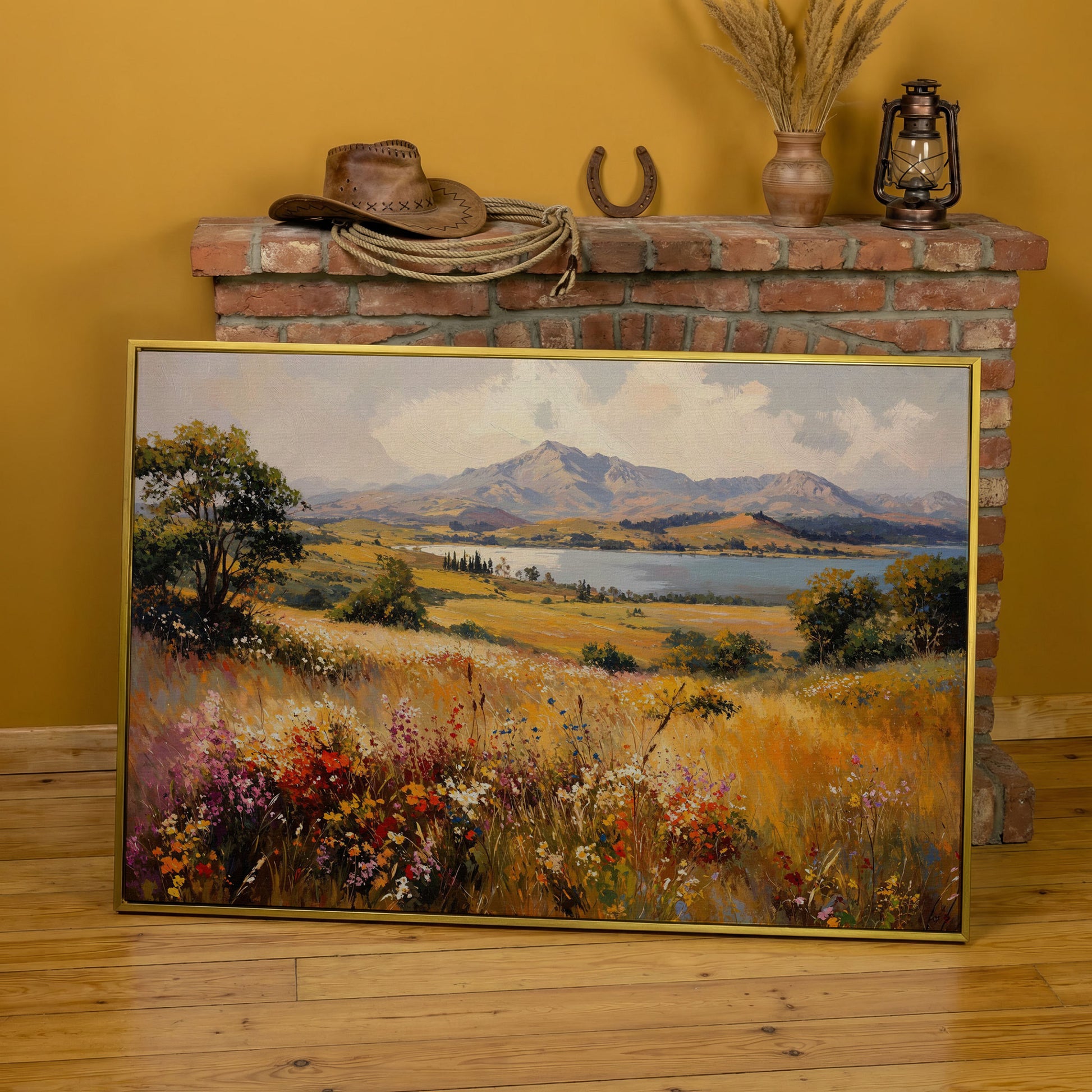 Mountain Lake with Ochre Meadow Canvas in yellow gold floating frame