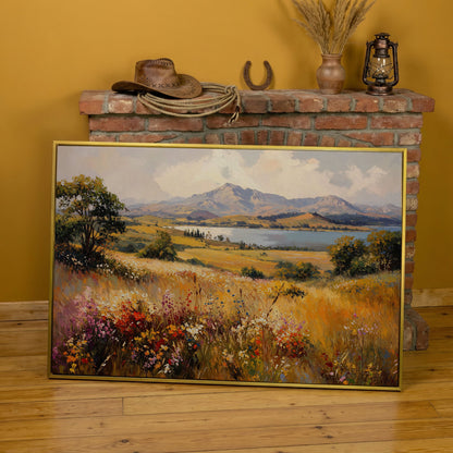 Mountain Lake with Ochre Meadow Canvas in yellow gold floating frame