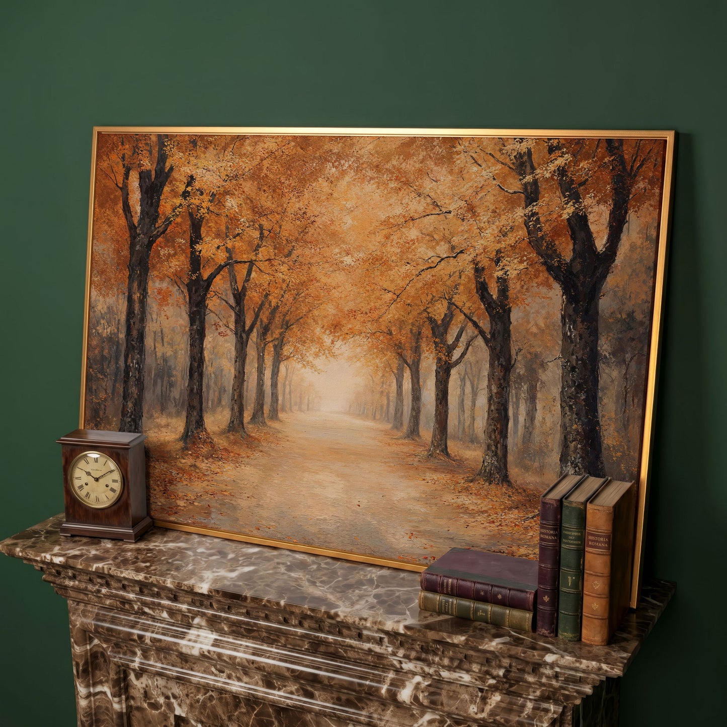 Autumn Forest Pathway Canvas Print in antique gold floating frame