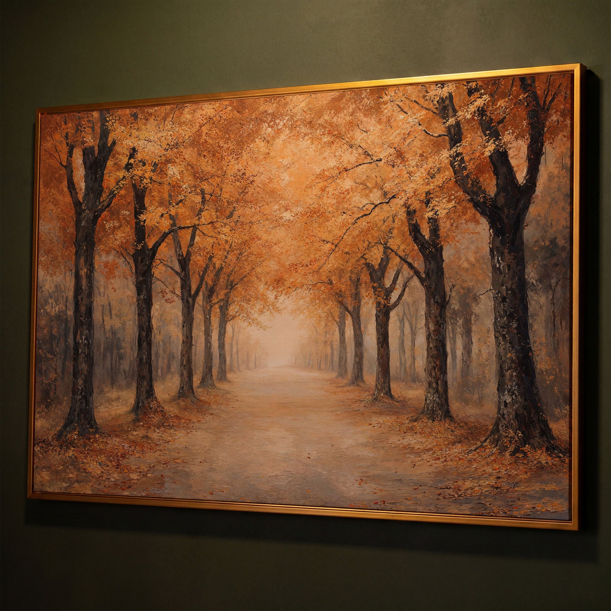 Autumn Forest Pathway Canvas Print shown in antique gold floating frame