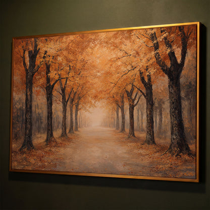 Autumn Forest Pathway Canvas Print shown in antique gold floating frame