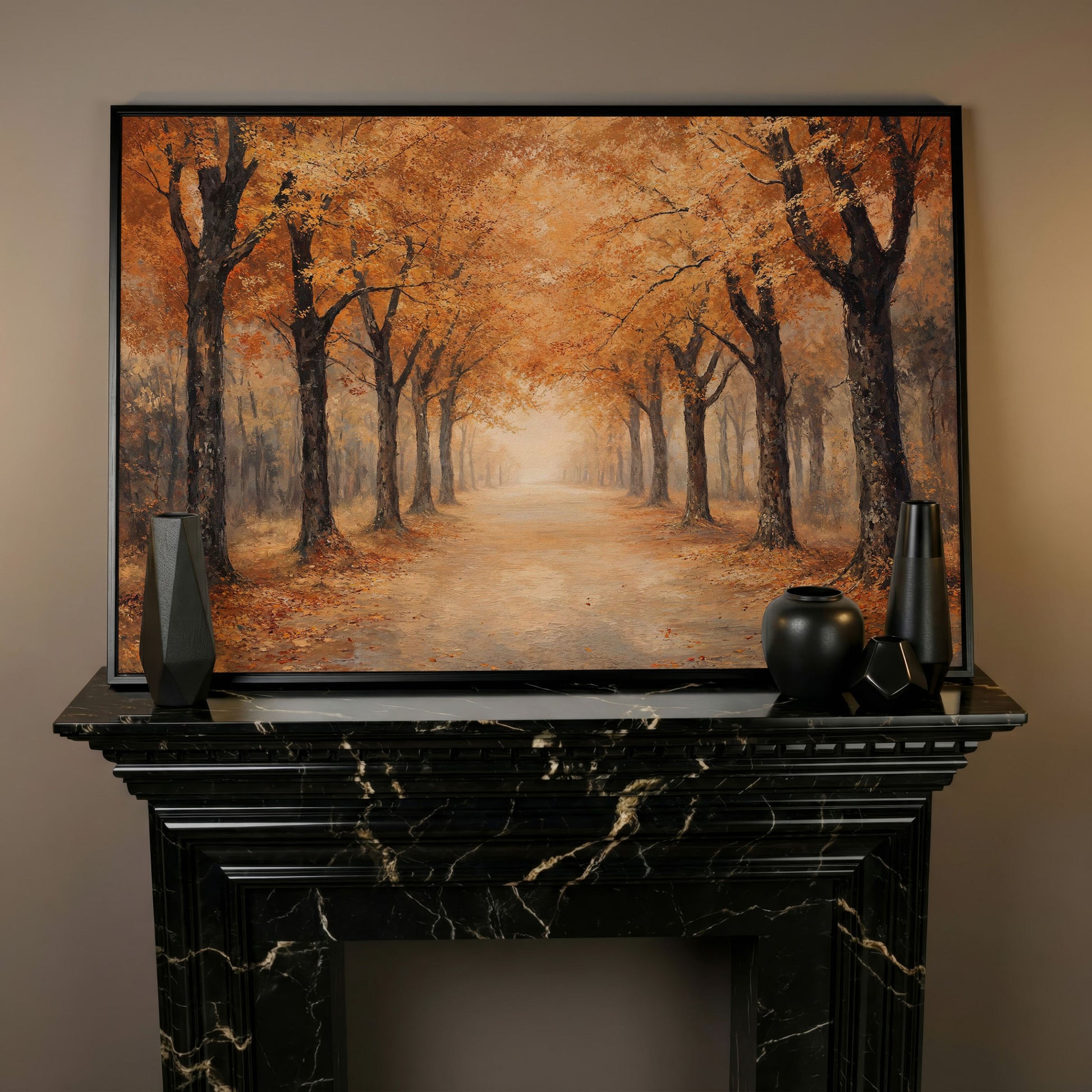 Autumn Forest Pathway Canvas Print in black floating frame