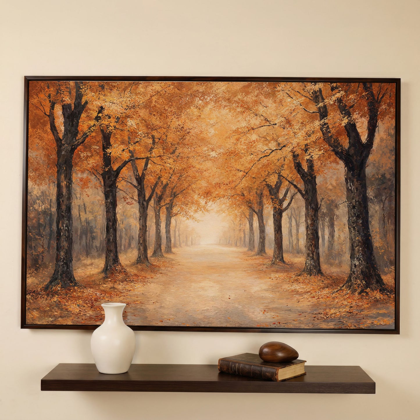 Autumn Forest Pathway Canvas Print in dark walnut floating frame