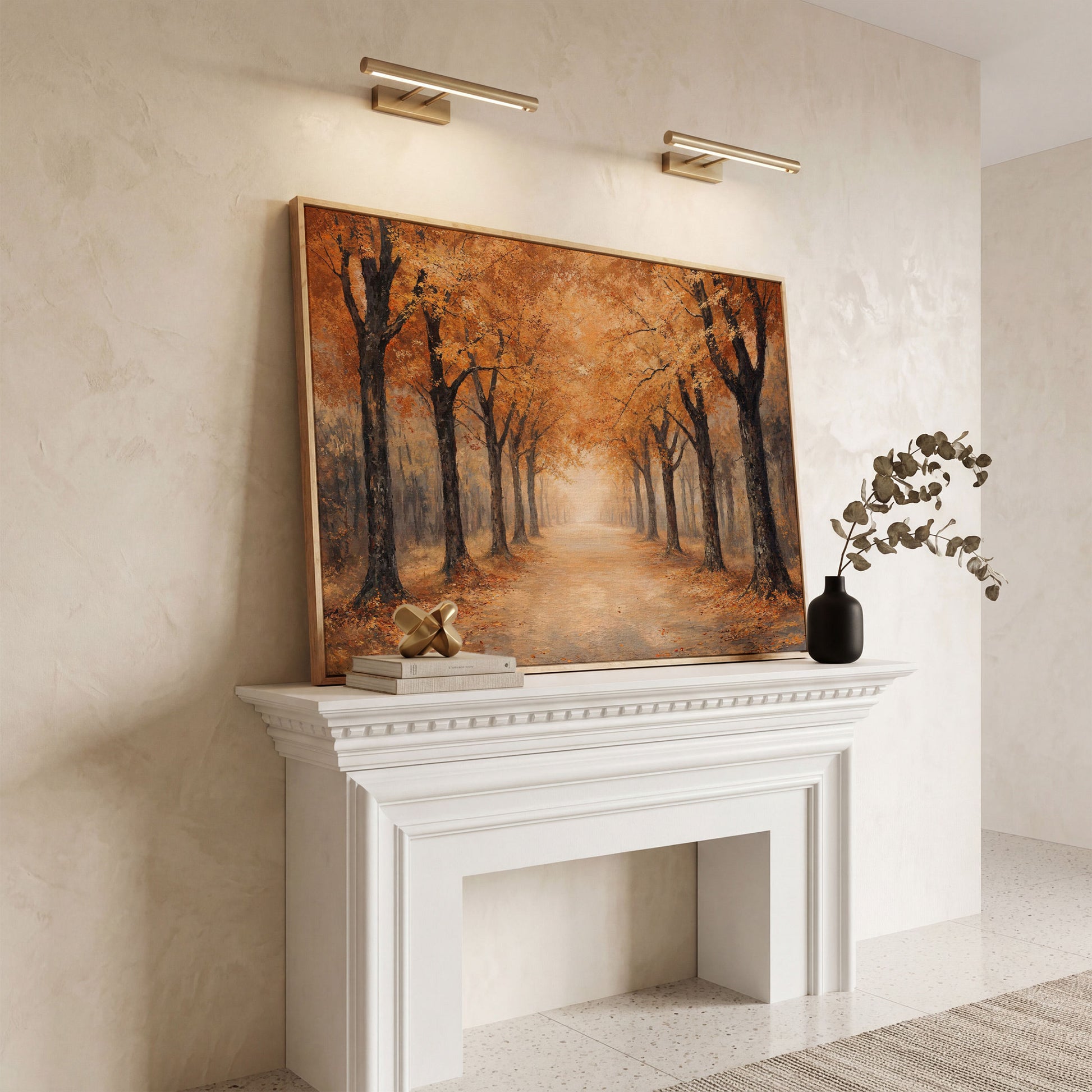 Autumn Forest Pathway Canvas Print in white oak floating frame