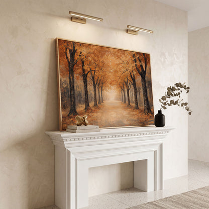 Autumn Forest Pathway Canvas Print in white oak floating frame
