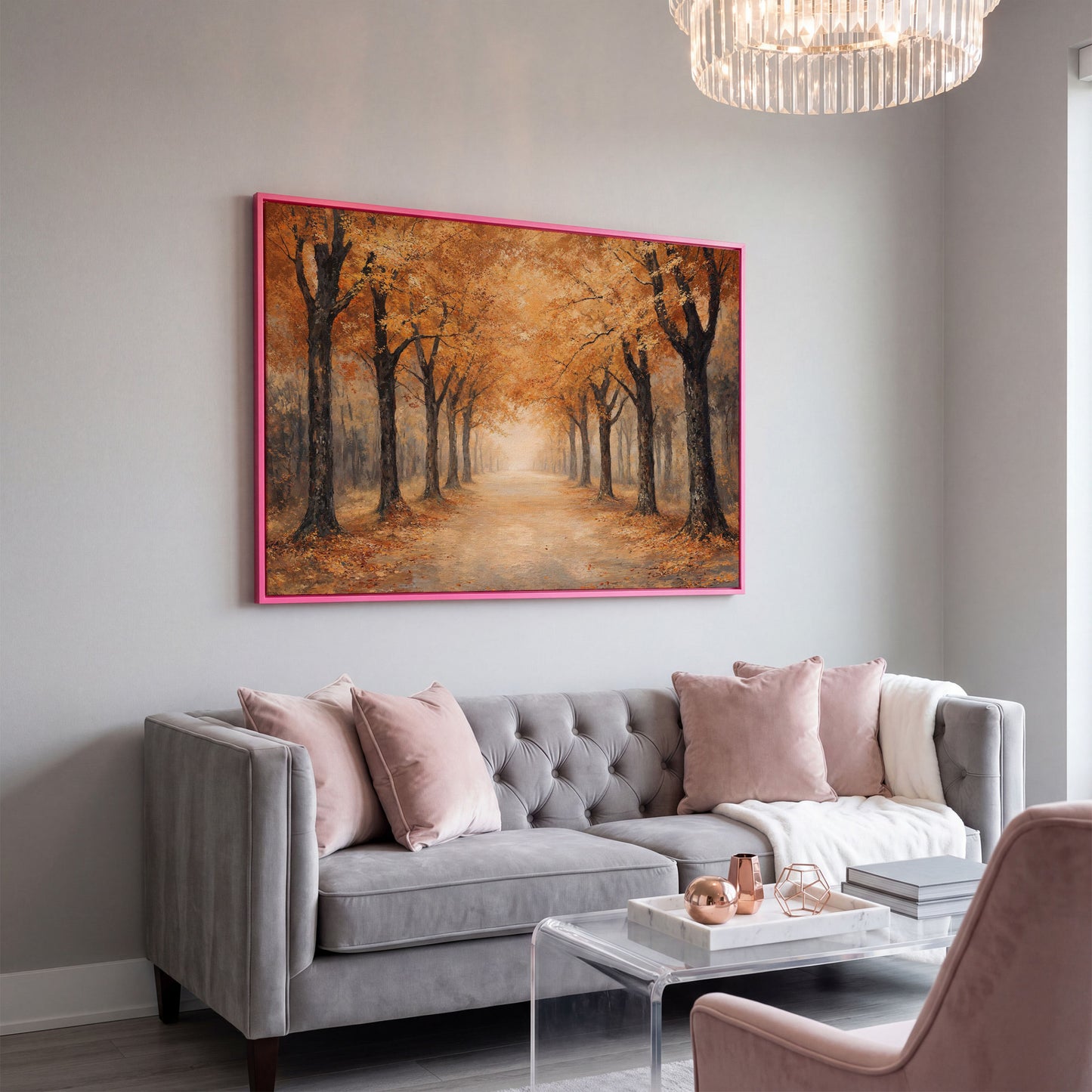 Autumn Forest Pathway Canvas Print in pink floating frame
