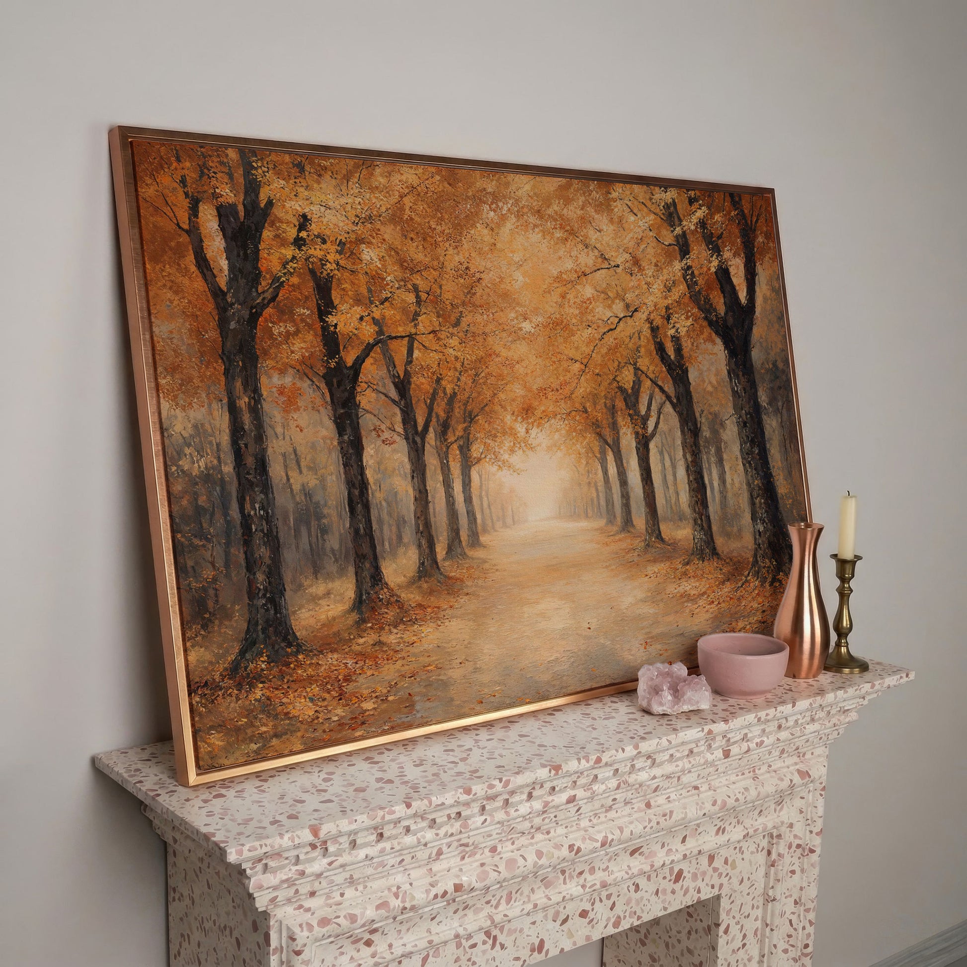 Autumn Forest Pathway Canvas Print in rose gold floating frame