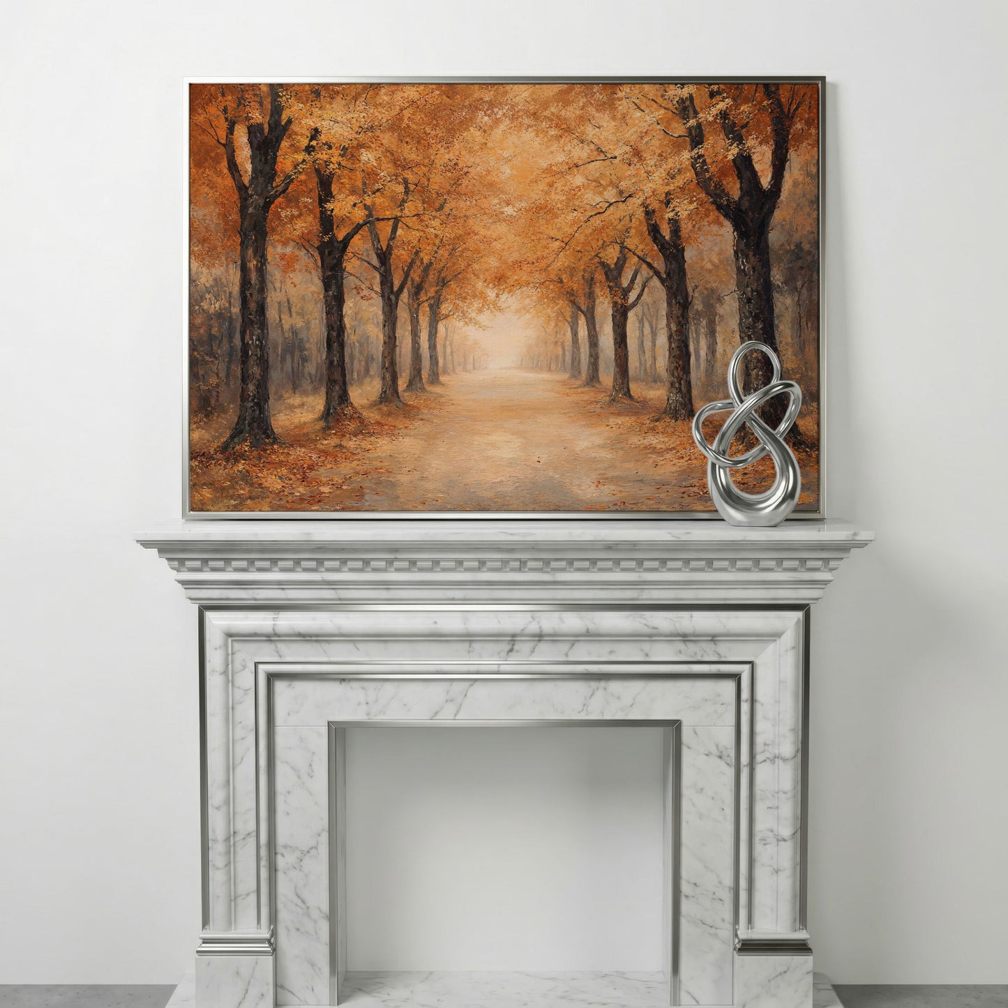 Autumn Forest Pathway Canvas Print in silver floating frame