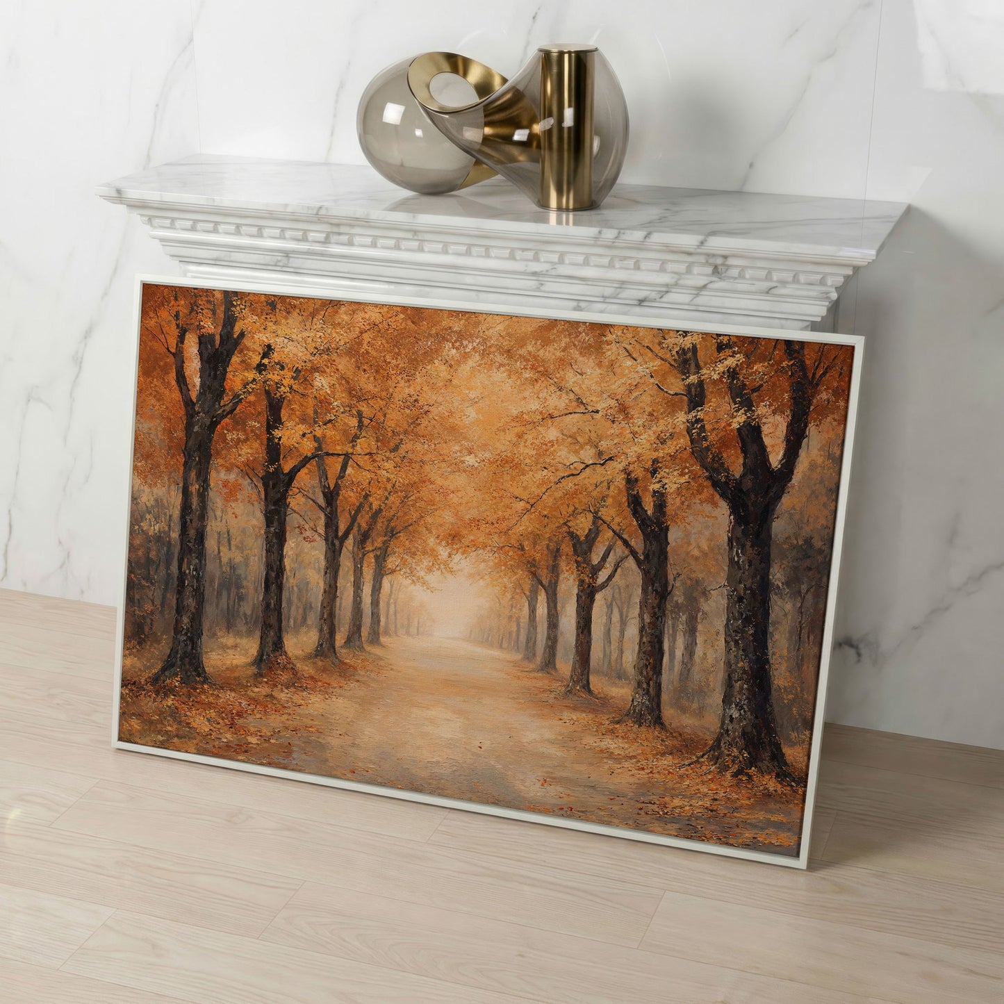 Autumn Forest Pathway Canvas Print in white floating frame