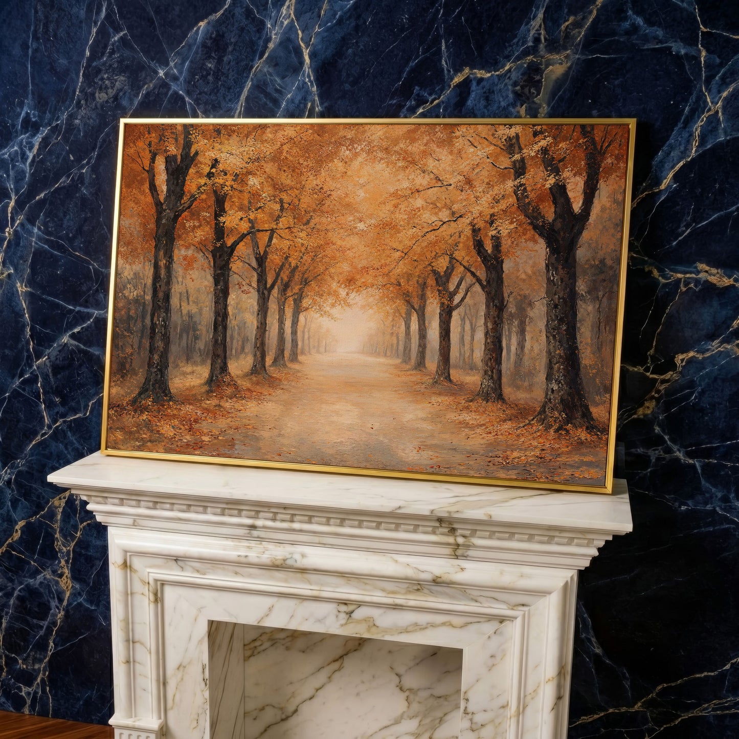 Autumn Forest Pathway Canvas Print in yellow gold floating frame