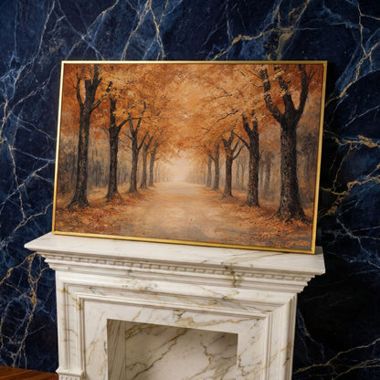 Autumn Forest Pathway Canvas Print in yellow gold floating frame