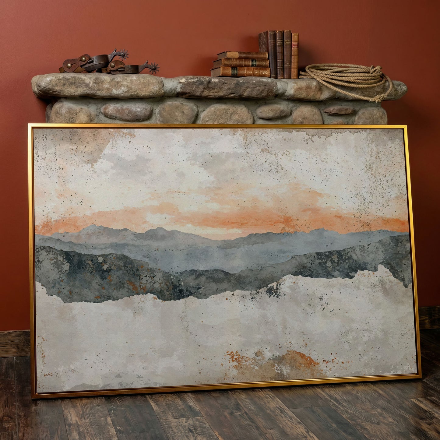 Hazy Watercolor Mountains Canvas in antique gold floating frame