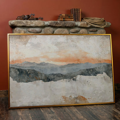 Hazy Watercolor Mountains Canvas in antique gold floating frame