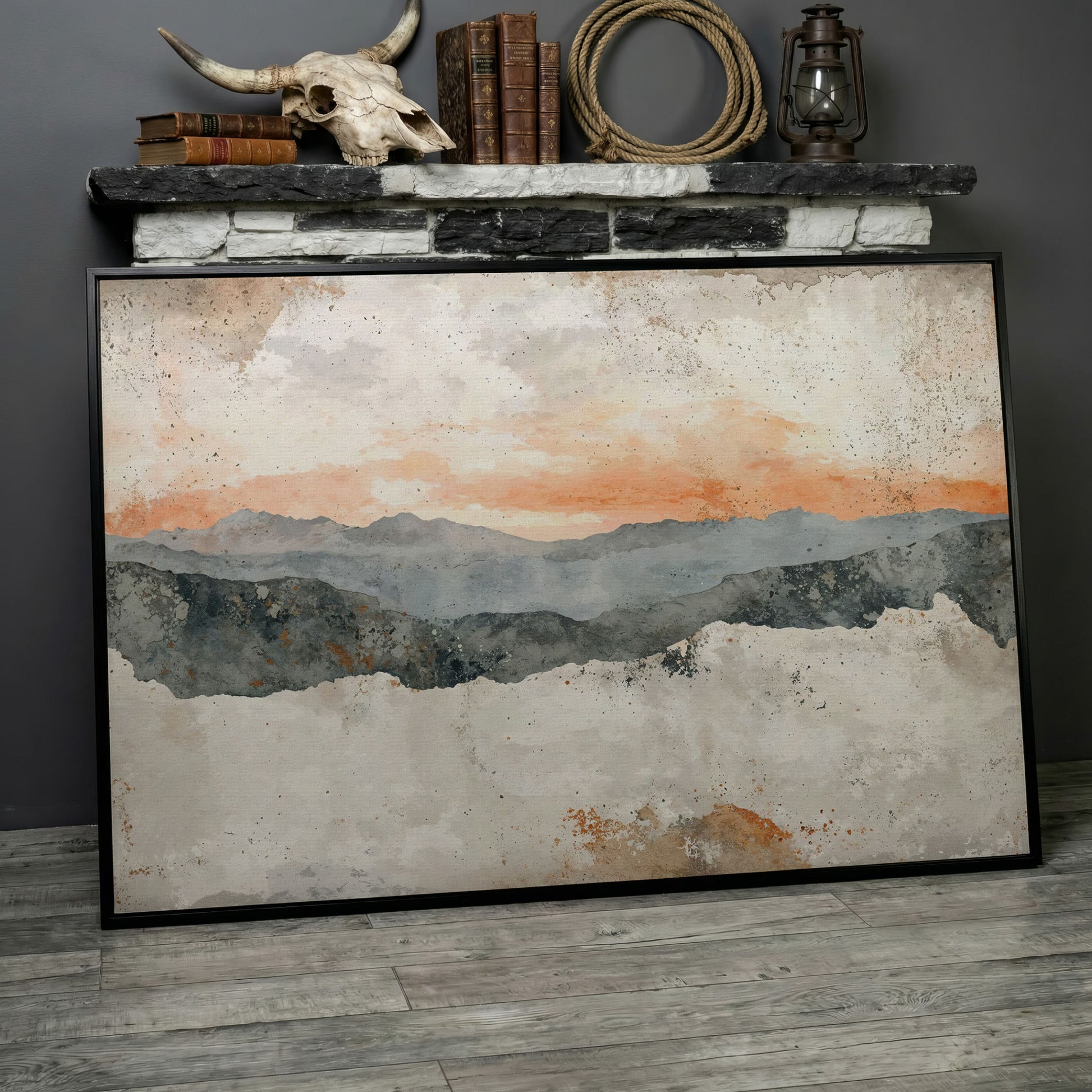 Hazy Watercolor Mountains Canvas in black floating frame