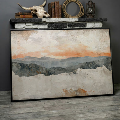 Hazy Watercolor Mountains Canvas in black floating frame