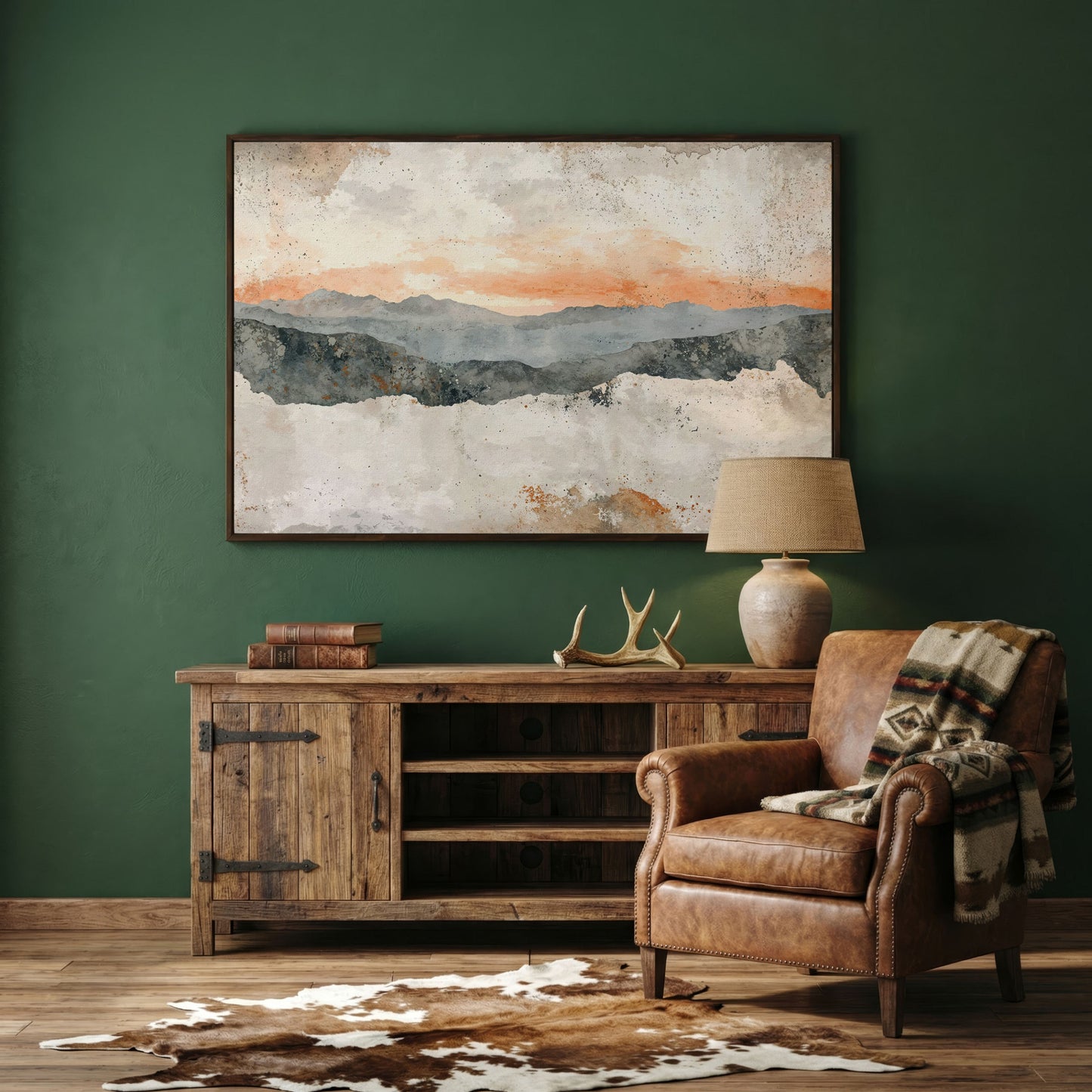 Hazy Watercolor Mountains Canvas in dark walnut floating frame