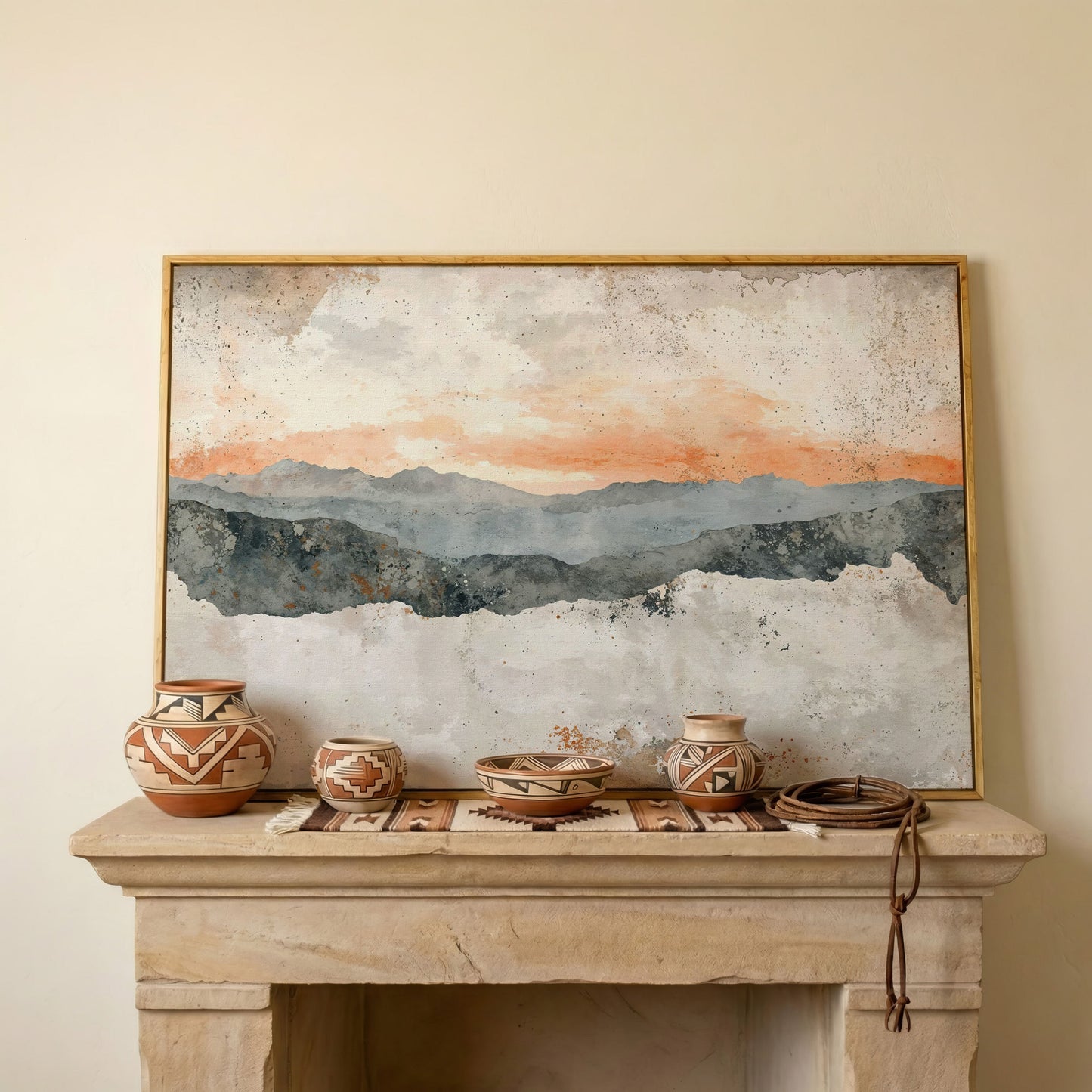 Hazy Watercolor Mountains Canvas in white oak floating frame