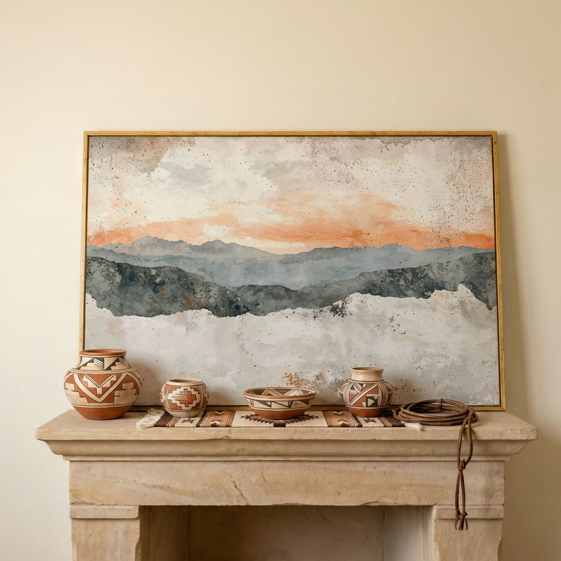 Hazy Watercolor Mountains Canvas in white oak floating frame