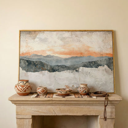 Hazy Watercolor Mountains Canvas in white oak floating frame