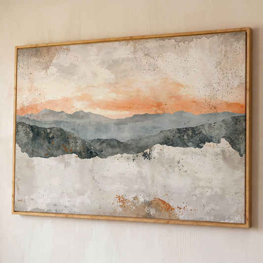 Hazy Watercolor Mountains Canvas shown in white oak floating frame