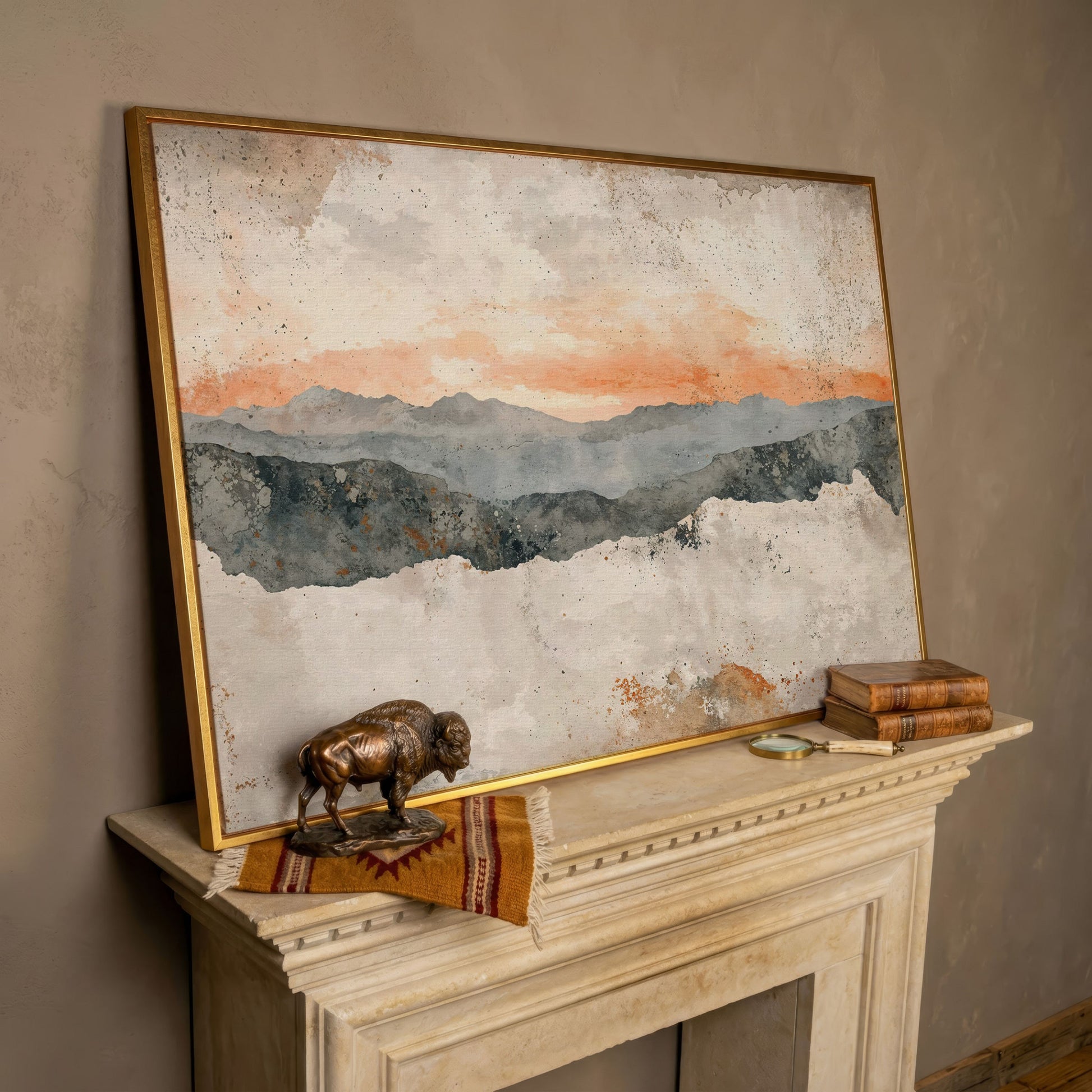 Hazy Watercolor Mountains Canvas in rose gold floating frame