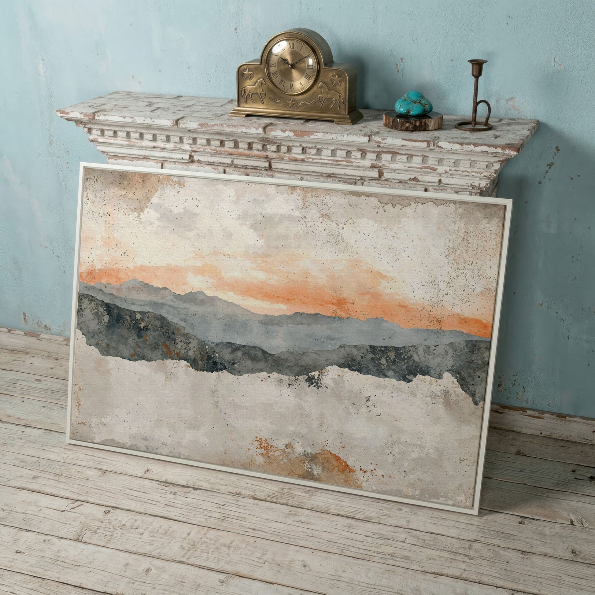 Hazy Watercolor Mountains Canvas in white floating frame