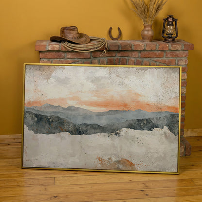 Hazy Watercolor Mountains Canvas in yellow gold floating frame