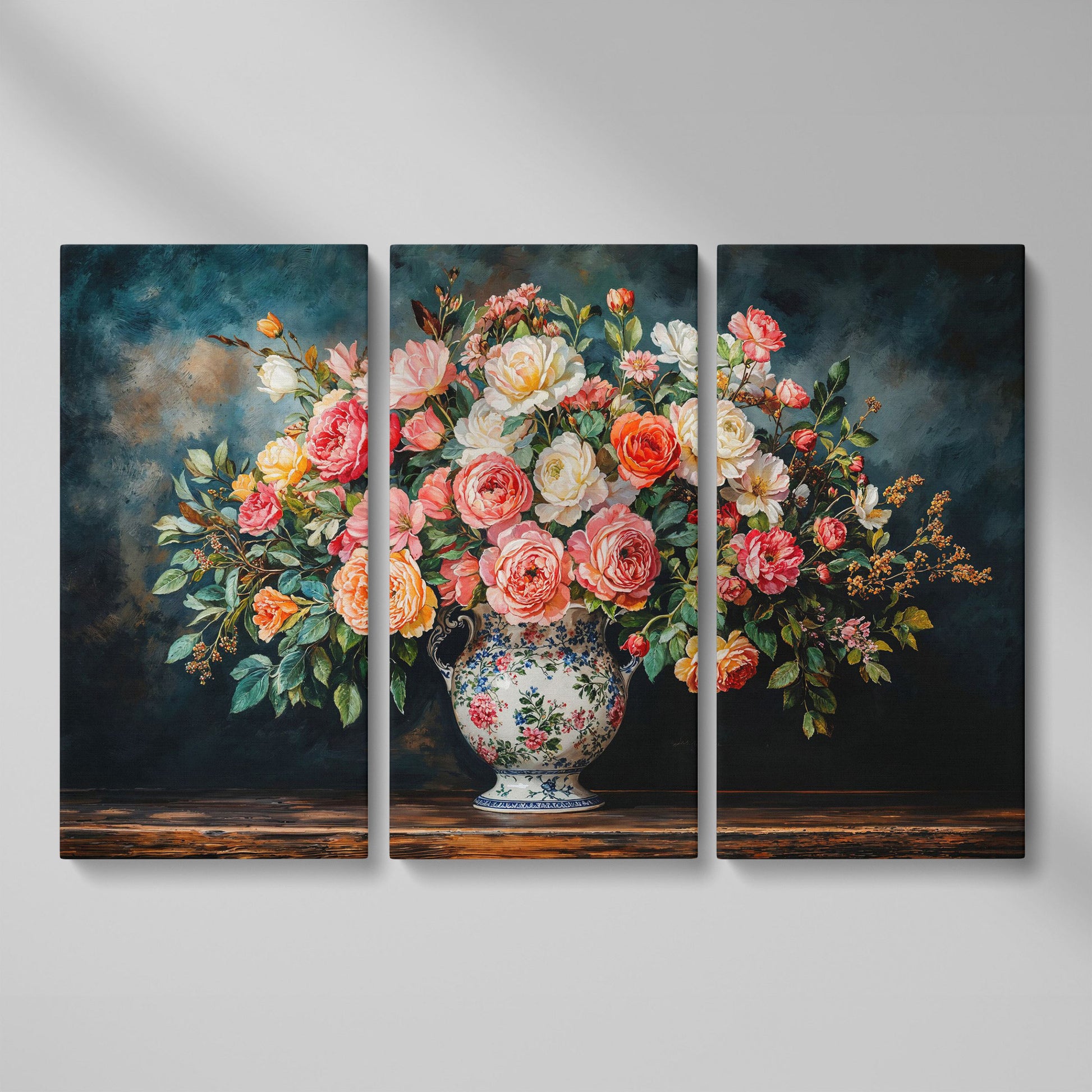 Floral Still Life with Roses and Moss Green canvas as 3-panel split version