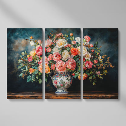 Floral Still Life with Roses and Moss Green canvas as 3-panel split version