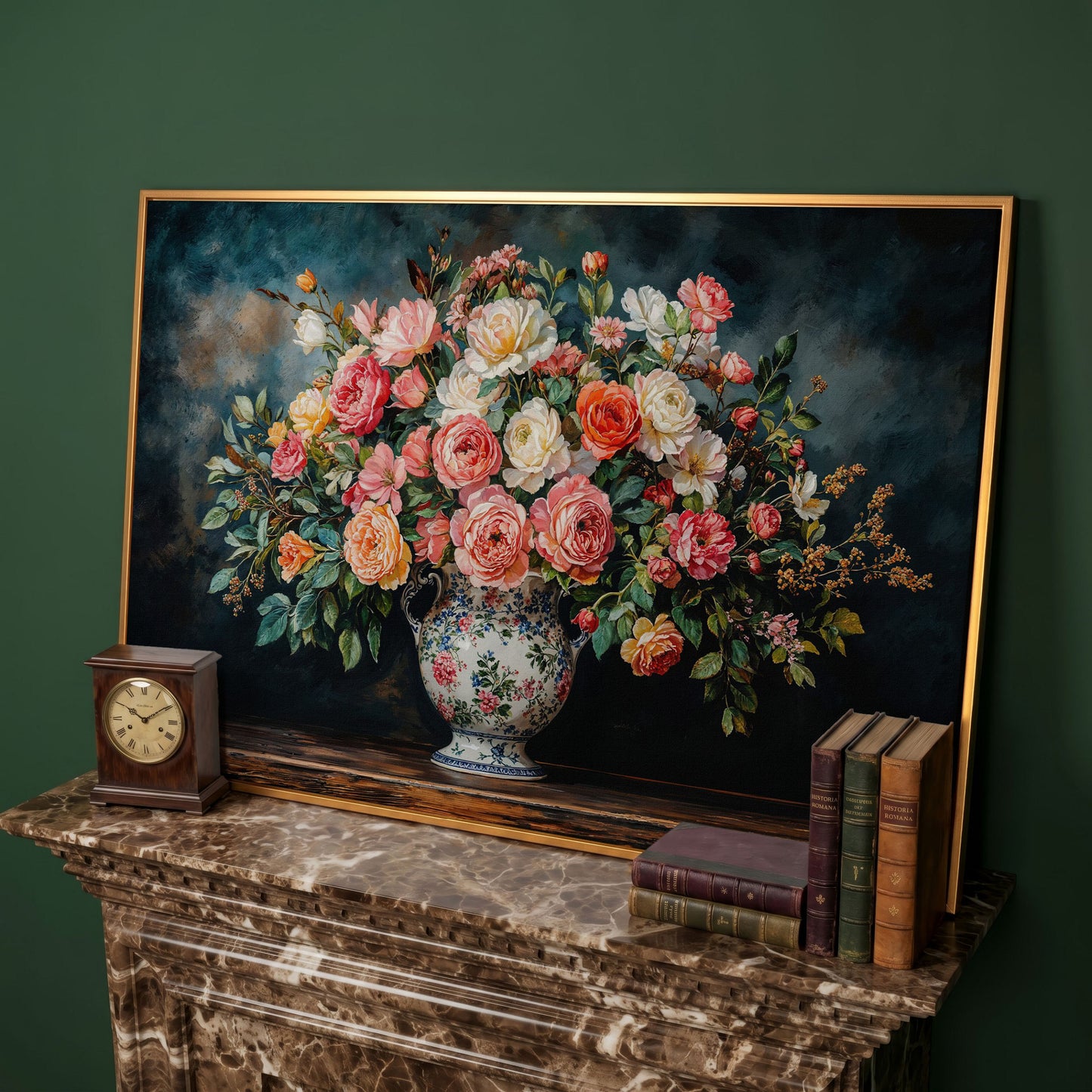 Floral Still Life with Roses and Moss Green canvas in antique gold floating frame