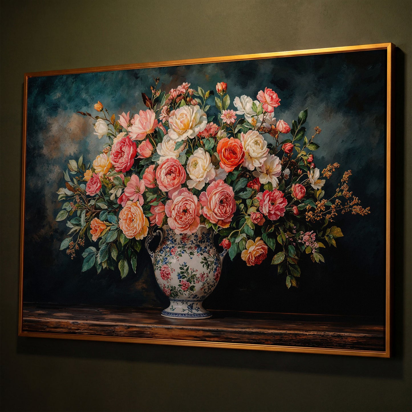 Floral Still Life with Roses and Moss Green canvas shown in antique gold floating frame