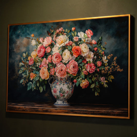 Floral Still Life with Roses and Moss Green canvas shown in antique gold floating frame