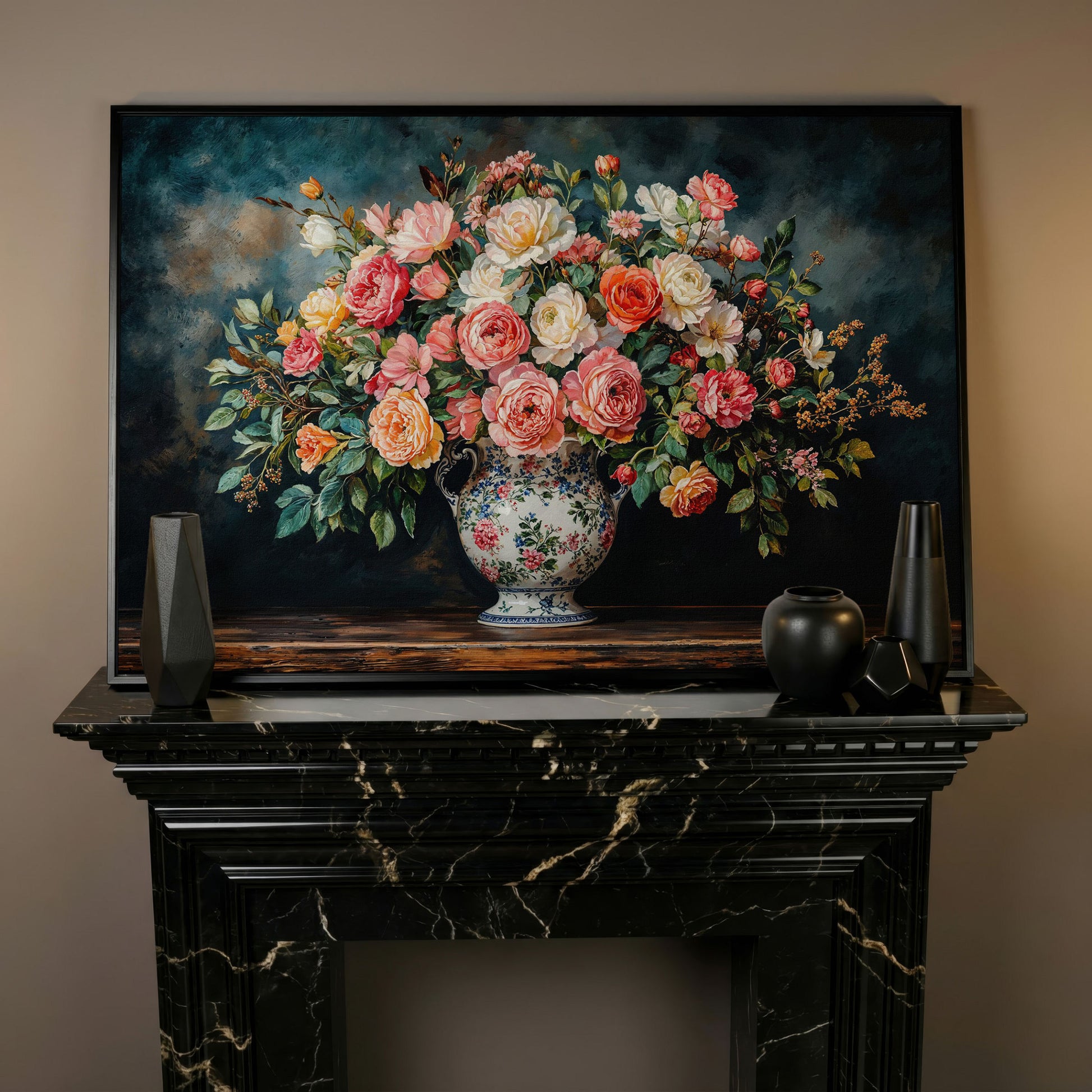 Floral Still Life with Roses and Moss Green canvas in black floating frame