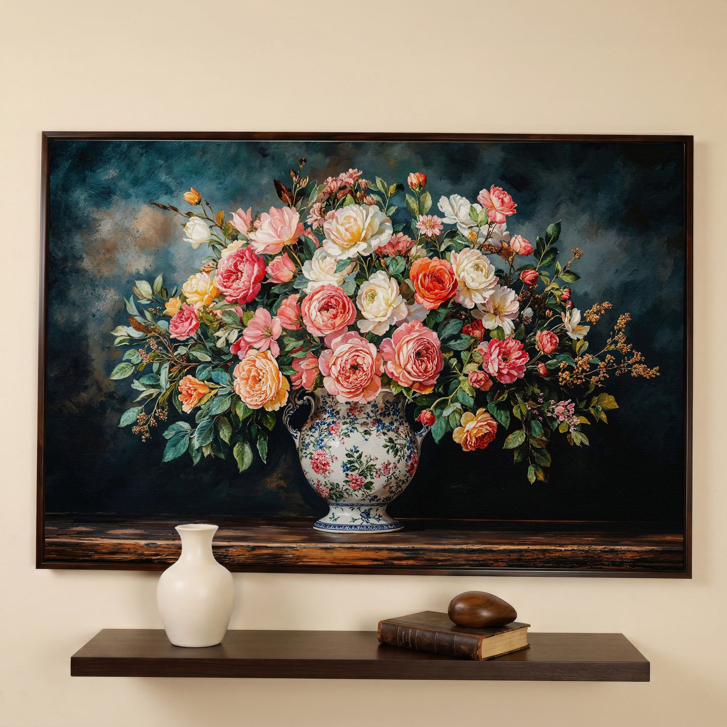 Floral Still Life with Roses and Moss Green canvas in dark walnut floating frame