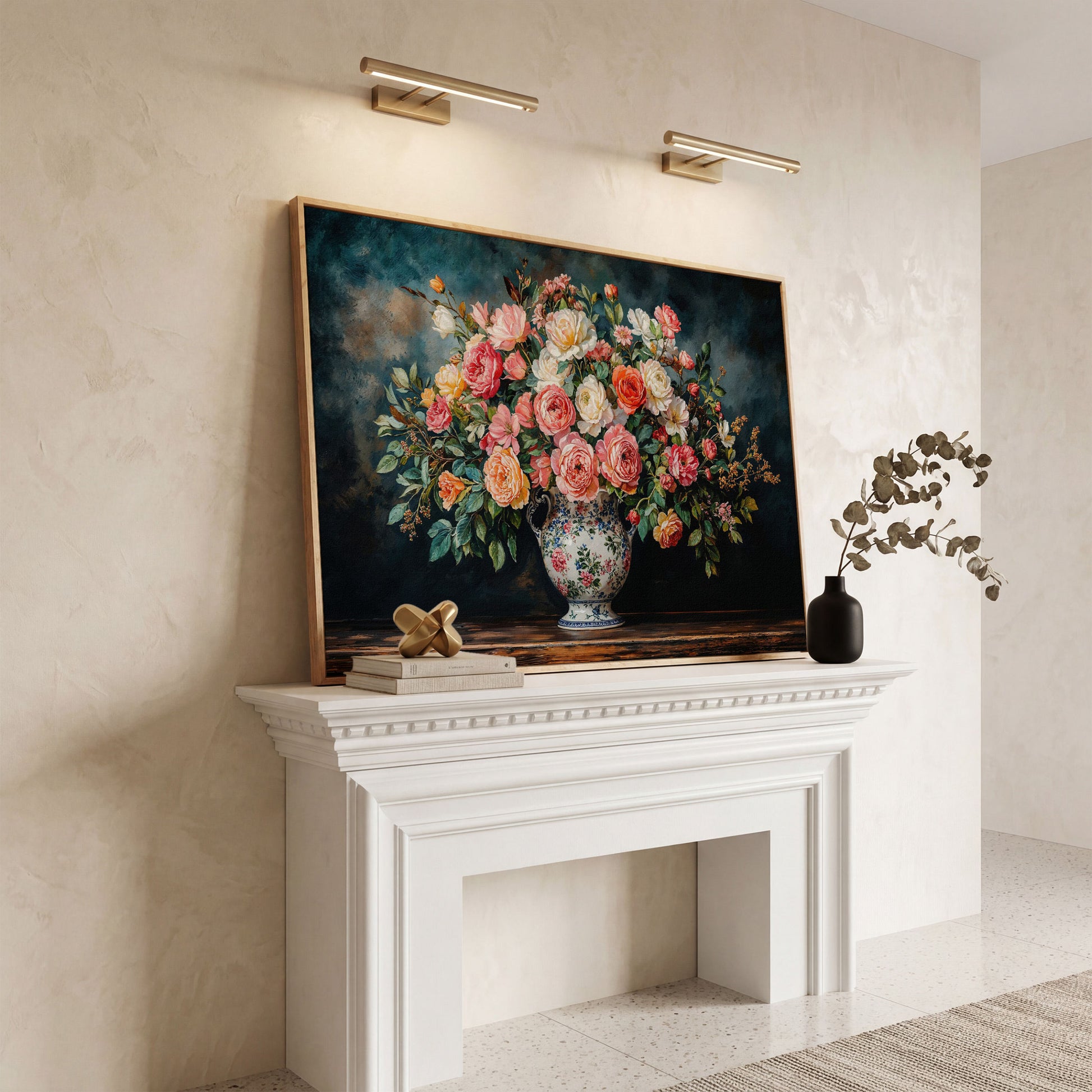 Floral Still Life with Roses and Moss Green canvas in white oak floating frame
