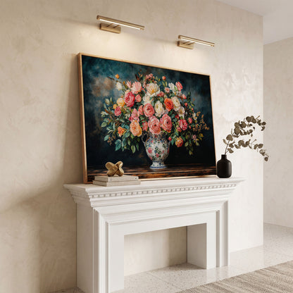 Floral Still Life with Roses and Moss Green canvas in white oak floating frame