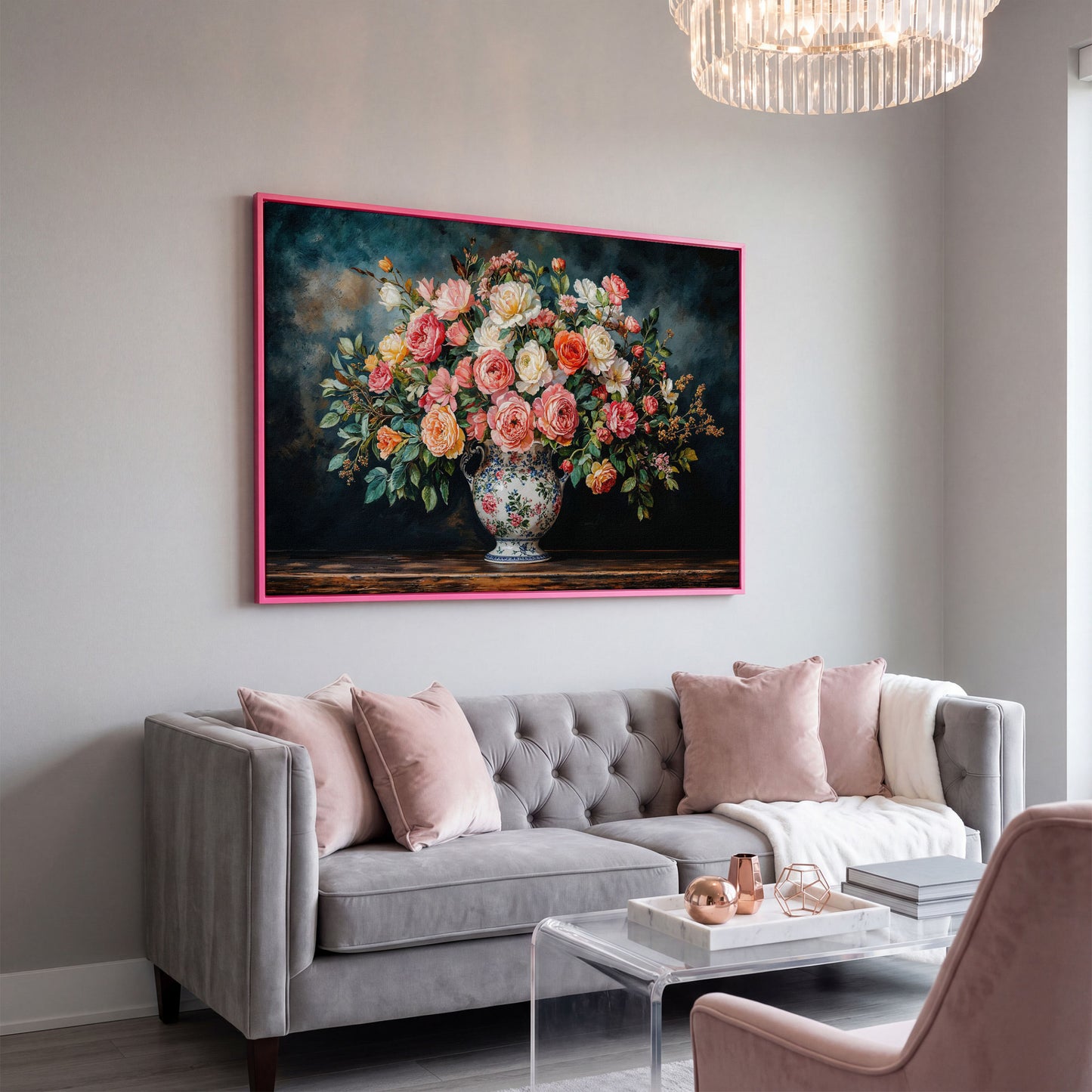 Floral Still Life with Roses and Moss Green canvas in pink floating frame