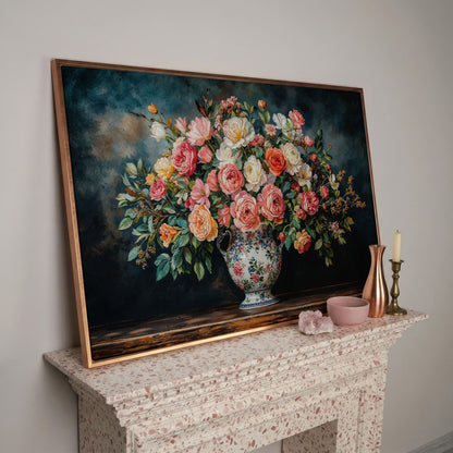Floral Still Life with Roses and Moss Green canvas in rose gold floating frame