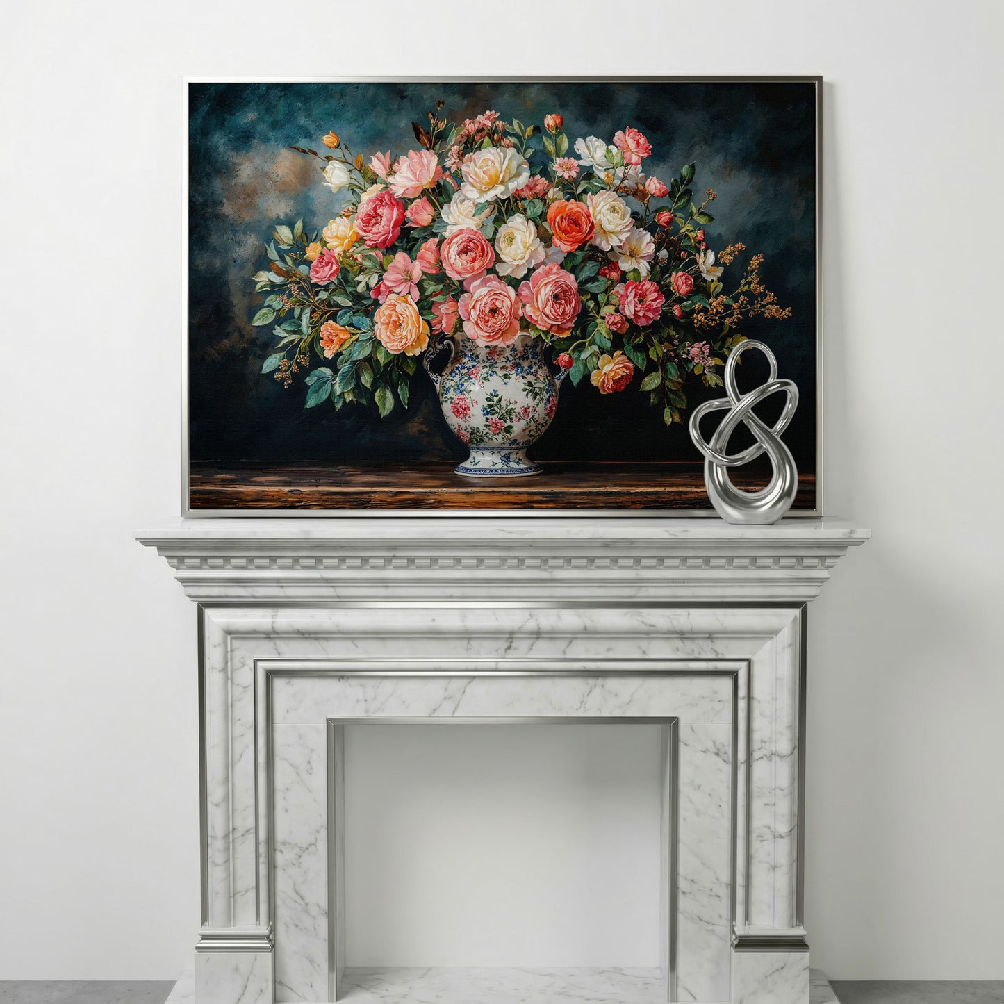 Floral Still Life with Roses and Moss Green canvas in silver floating frame