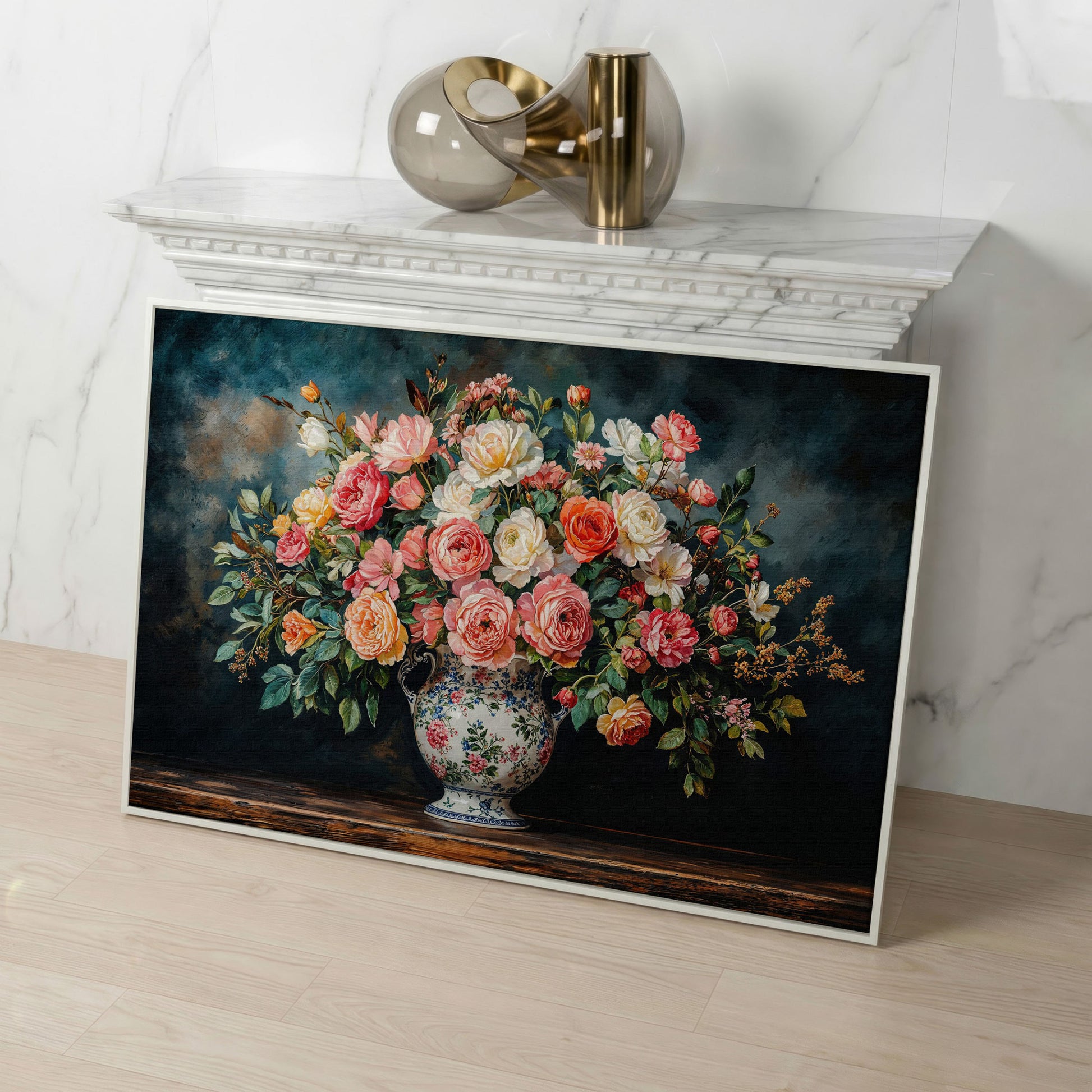 Floral Still Life with Roses and Moss Green canvas in white floating frame